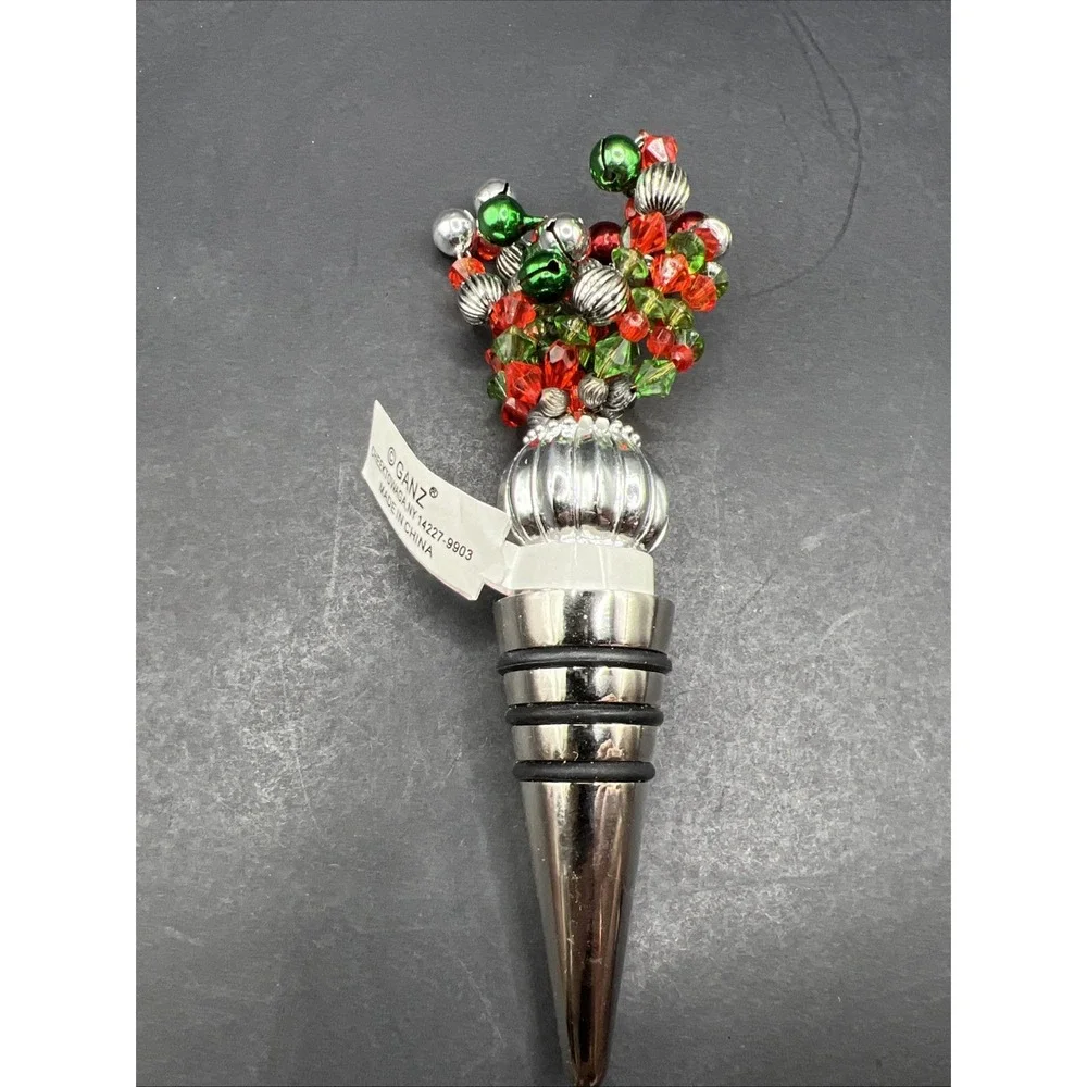 Ganz Holiday Bottle Stopper SS with Green Enamel Tree Tag Jingle Bells NWT